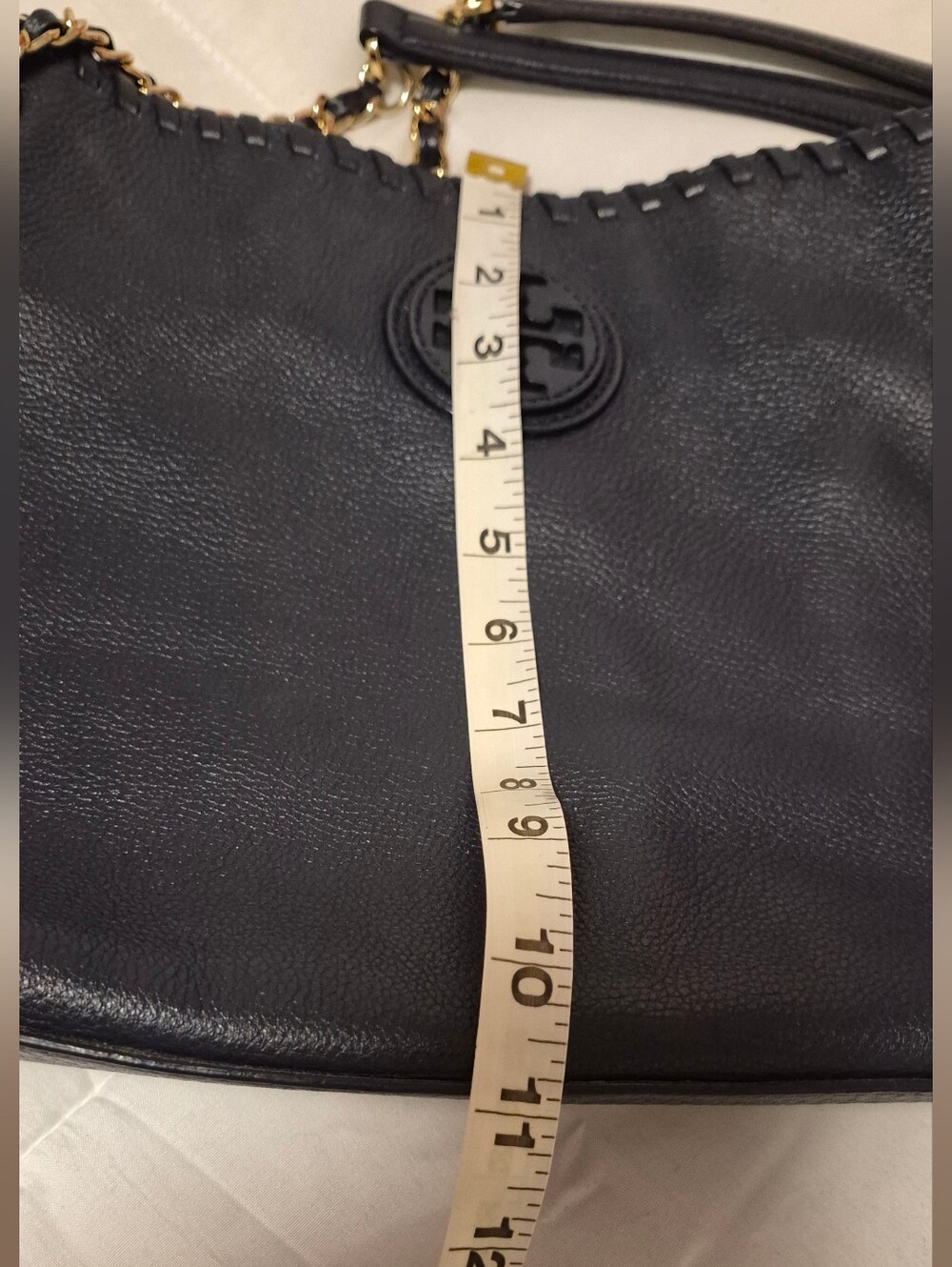 Tory Burch Nave Blue Pebbled Leather Shoulder Bag with Gold Chain Straps - Picture 11 of 15
